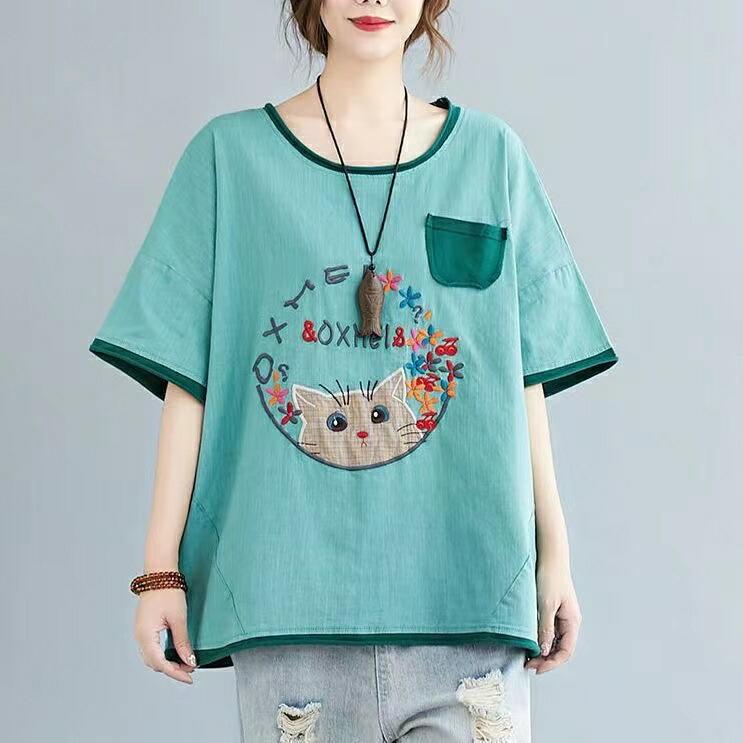半袖tシャツ レディース トップス 半袖 tシャツ カットソー 薄手 夏服 カジュアル 刺? 猫柄 ゆるカットソー 丸首 大きめ 体型カバー LUFA140(2色XL-5XL) |  | 01