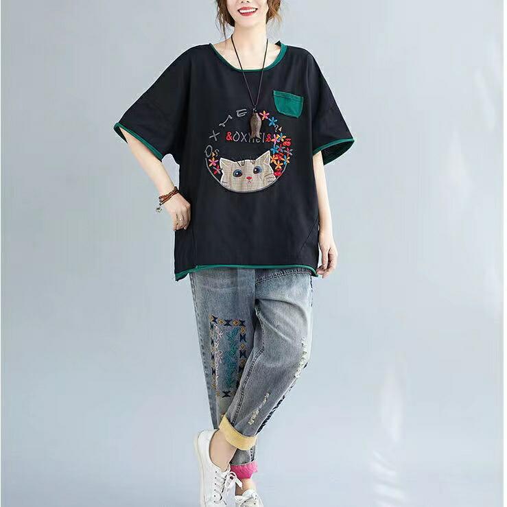 半袖tシャツ レディース トップス 半袖 tシャツ カットソー 薄手 夏服 カジュアル 刺? 猫柄 ゆるカットソー 丸首 大きめ 体型カバー LUFA140(2色XL-5XL) |  | 02