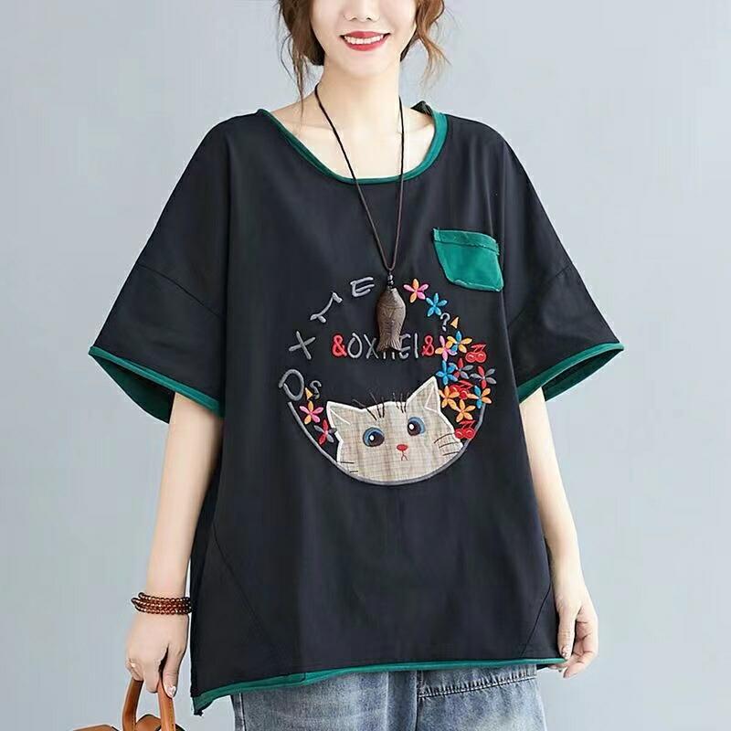 半袖tシャツ レディース トップス 半袖 tシャツ カットソー 薄手 夏服 カジュアル 刺? 猫柄 ゆるカットソー 丸首 大きめ 体型カバー LUFA140(2色XL-5XL) |  | 03