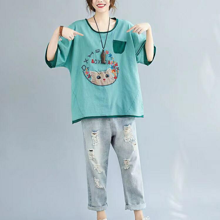 半袖tシャツ レディース トップス 半袖 tシャツ カットソー 薄手 夏服 カジュアル 刺? 猫柄 ゆるカットソー 丸首 大きめ 体型カバー LUFA140(2色XL-5XL) |  | 04