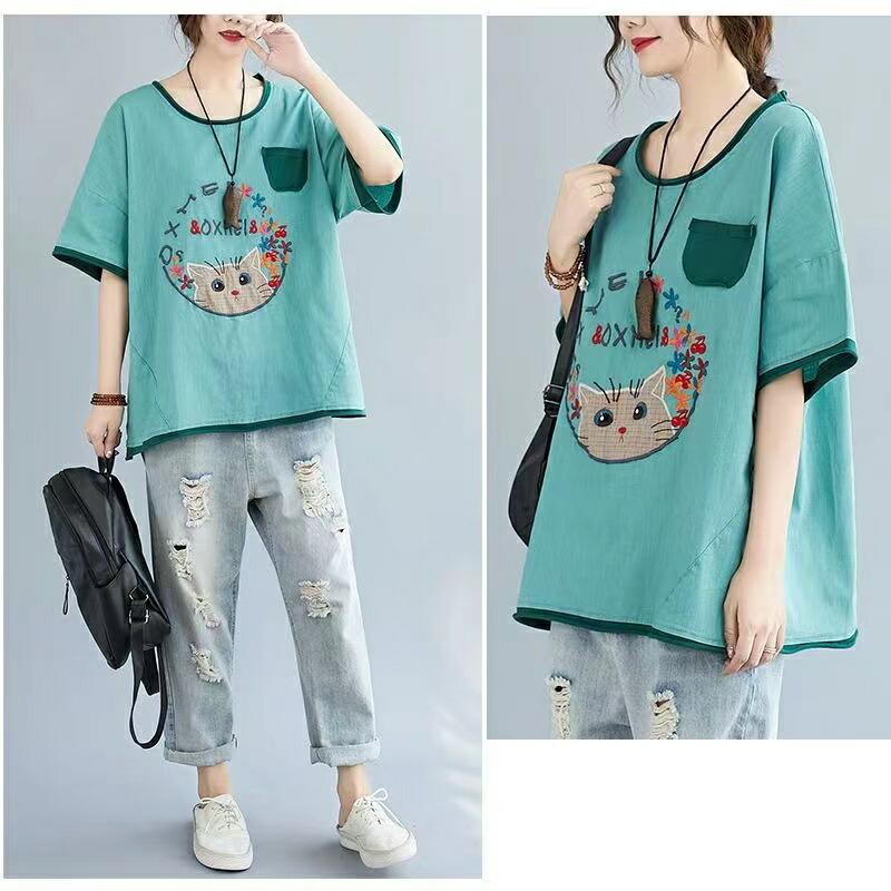 半袖tシャツ レディース トップス 半袖 tシャツ カットソー 薄手 夏服 カジュアル 刺? 猫柄 ゆるカットソー 丸首 大きめ 体型カバー LUFA140(2色XL-5XL) |  | 05