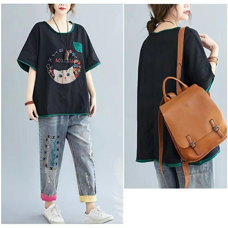 半袖tシャツ レディース トップス 半袖 tシャツ カットソー 薄手 夏服 カジュアル 刺? 猫柄 ゆるカットソー 丸首 大きめ 体型カバー LUFA140(2色XL-5XL) |  | 06
