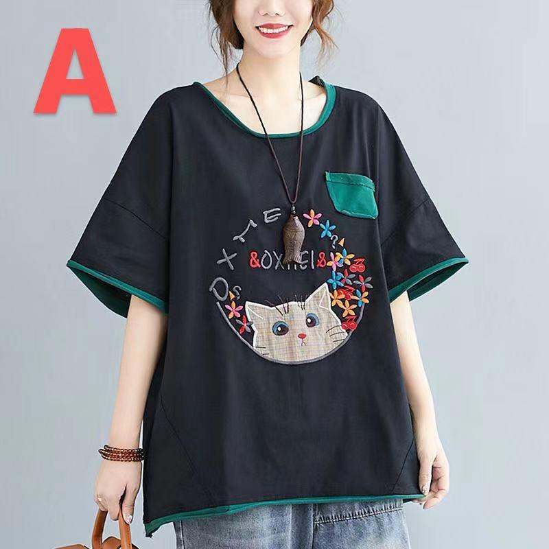 半袖tシャツ レディース トップス 半袖 tシャツ カットソー 薄手 夏服 カジュアル 刺? 猫柄 ゆるカットソー 丸首 大きめ 体型カバー LUFA140(2色XL-5XL) |  | 08
