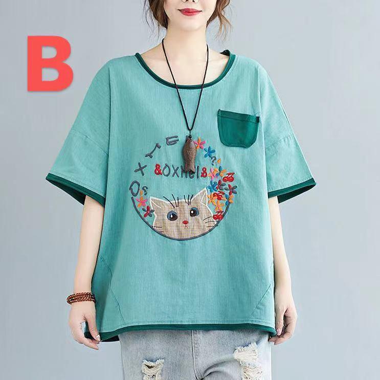 半袖tシャツ レディース トップス 半袖 tシャツ カットソー 薄手 夏服 カジュアル 刺? 猫柄 ゆるカットソー 丸首 大きめ 体型カバー LUFA140(2色XL-5XL) |  | 09
