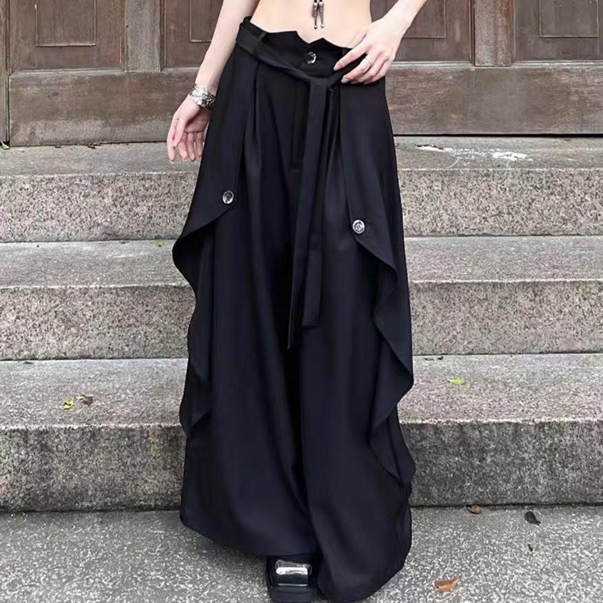 ワイドパンツ レディース メンズ 黒 ブラック ハイウエスト ボトムス ズボン ダボパン パンツ 春夏 ポケット ゆったり ワイド ハイウェスト SLTD016(S-2XL) |  | 02