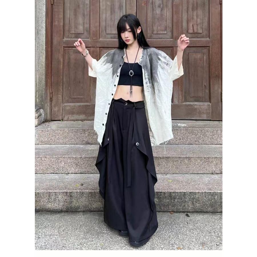 ワイドパンツ レディース メンズ 黒 ブラック ハイウエスト ボトムス ズボン ダボパン パンツ 春夏 ポケット ゆったり ワイド ハイウェスト SLTD016(S-2XL) |  | 05