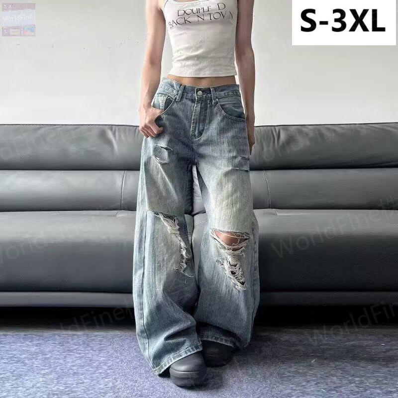 ダメージ デニムパンツ レディース ワイドパンツ 膝破れ クラッシュ ジーンズ ストリート ハイウエスト ゆるカジ 体型カバー お洒落 春 夏 秋 SLTE007(S-3XL) | 