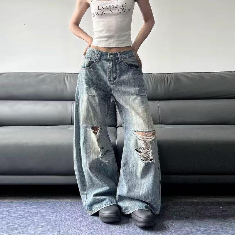ダメージ デニムパンツ レディース ワイドパンツ 膝破れ クラッシュ ジーンズ ストリート ハイウエスト ゆるカジ 体型カバー お洒落 春 夏 秋 SLTE007(S-3XL) |  | 02