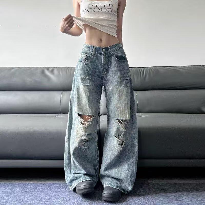ダメージ デニムパンツ レディース ワイドパンツ 膝破れ クラッシュ ジーンズ ストリート ハイウエスト ゆるカジ 体型カバー お洒落 春 夏 秋 SLTE007(S-3XL) |  | 04