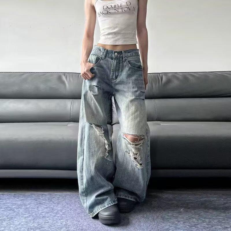 ダメージ デニムパンツ レディース ワイドパンツ 膝破れ クラッシュ ジーンズ ストリート ハイウエスト ゆるカジ 体型カバー お洒落 春 夏 秋 SLTE007(S-3XL) |  | 08