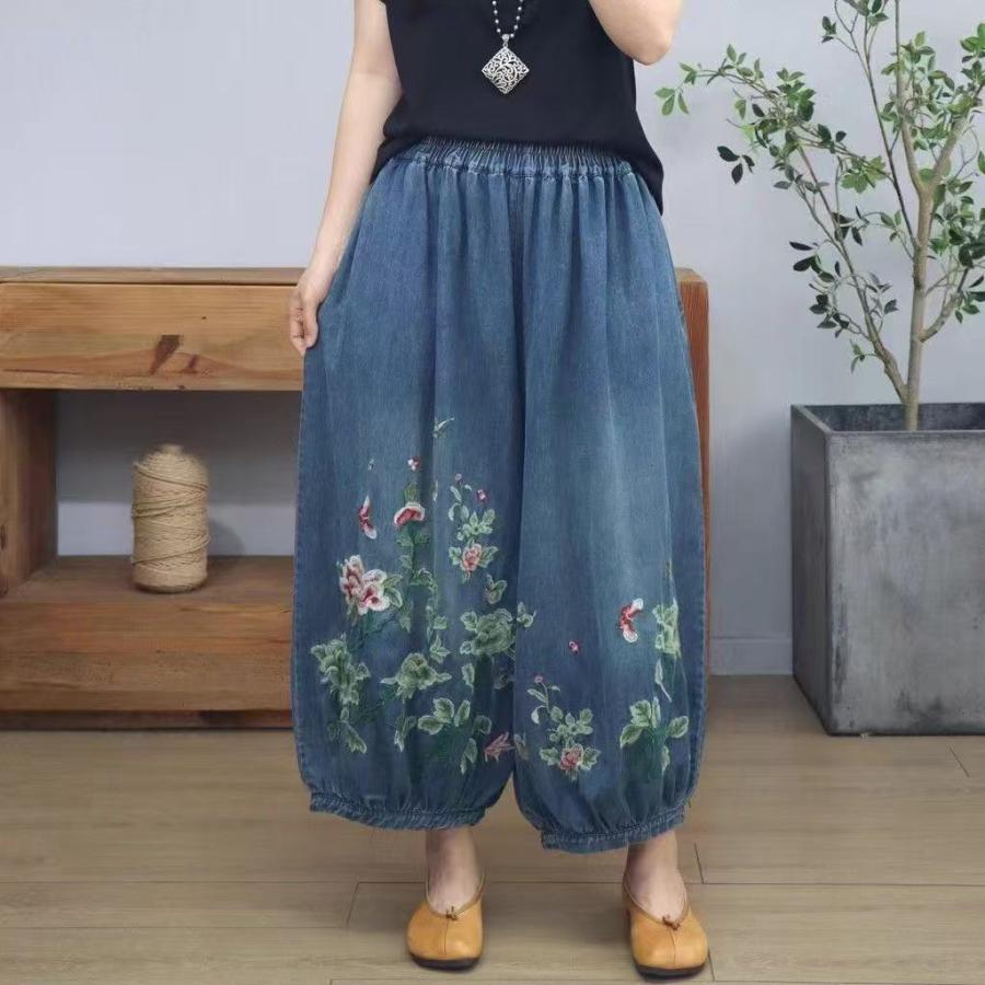 レディース デニムパンツ ロングパンツ 花 刺繍 蝶々 ブルー ウエストゴム ゆったり バルーンシルエット 可愛い バルーンデニム 夏 秋 SLTE031(M-3XL) |  | 01