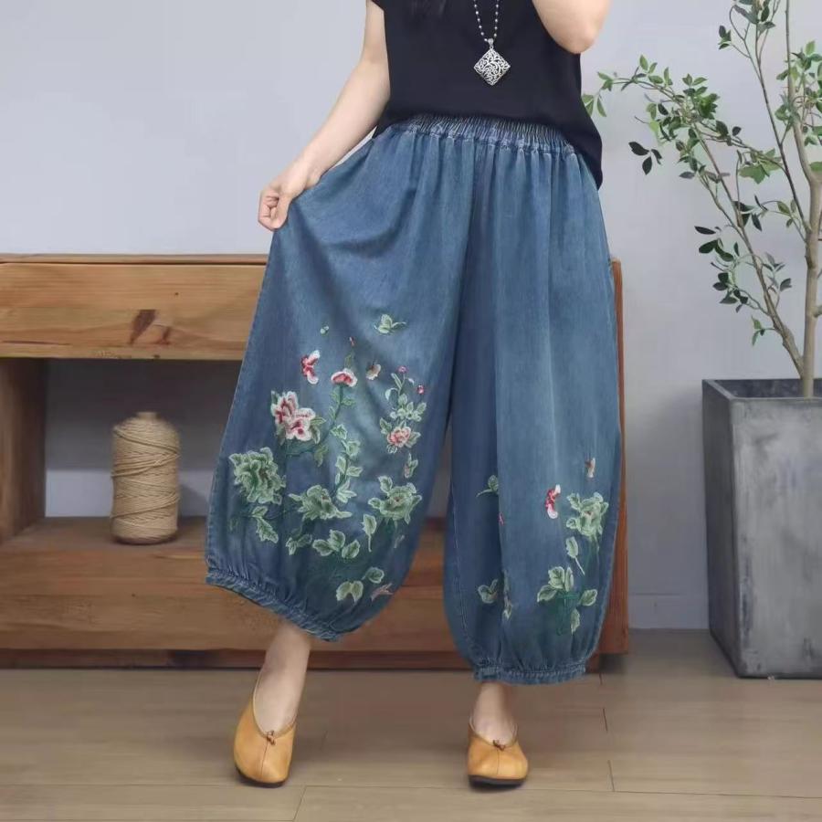 レディース デニムパンツ ロングパンツ 花 刺繍 蝶々 ブルー ウエストゴム ゆったり バルーンシルエット 可愛い バルーンデニム 夏 秋 SLTE031(M-3XL) |  | 05
