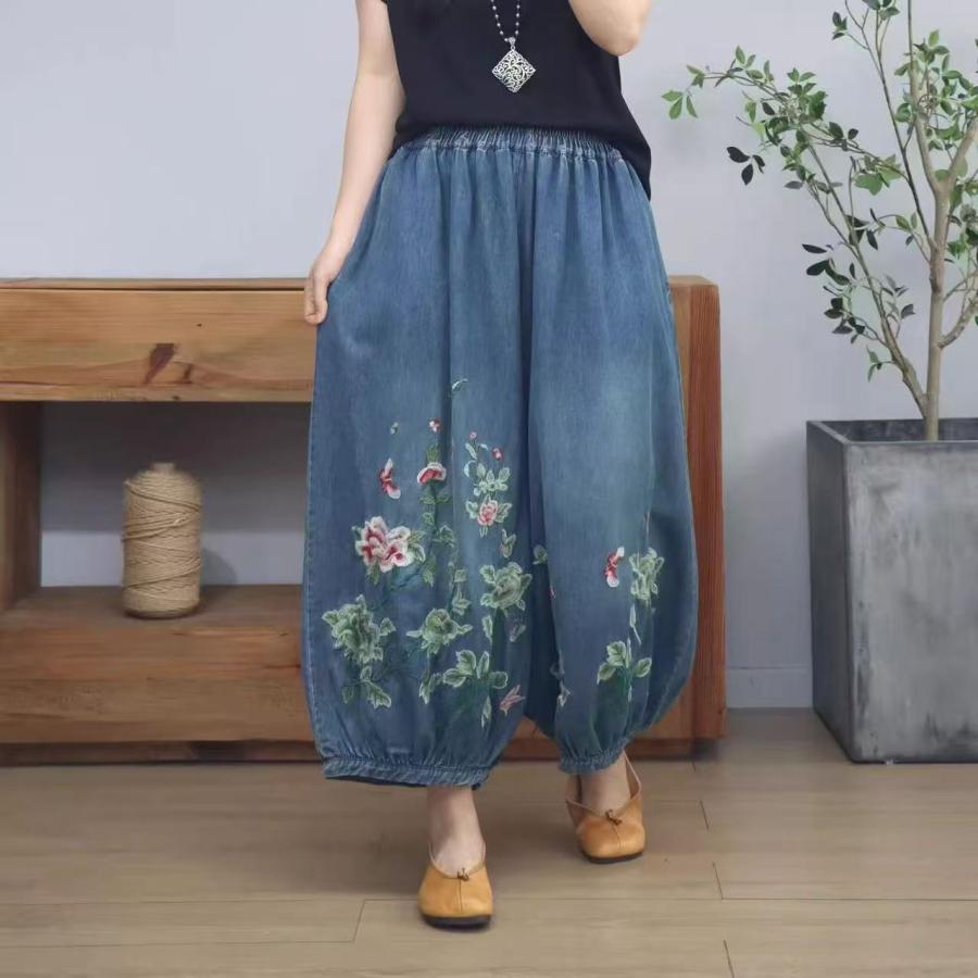 レディース デニムパンツ ロングパンツ 花 刺繍 蝶々 ブルー ウエストゴム ゆったり バルーンシルエット 可愛い バルーンデニム 夏 秋 SLTE031(M-3XL) |  | 06