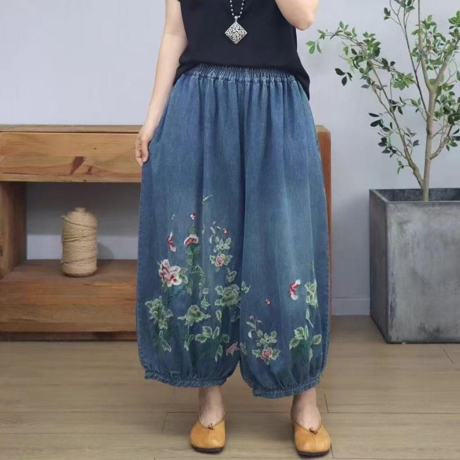 レディース デニムパンツ ロングパンツ 花 刺繍 蝶々 ブルー ウエストゴム ゆったり バルーンシルエット 可愛い バルーンデニム 夏 秋 SLTE031(M-3XL) |  | 07