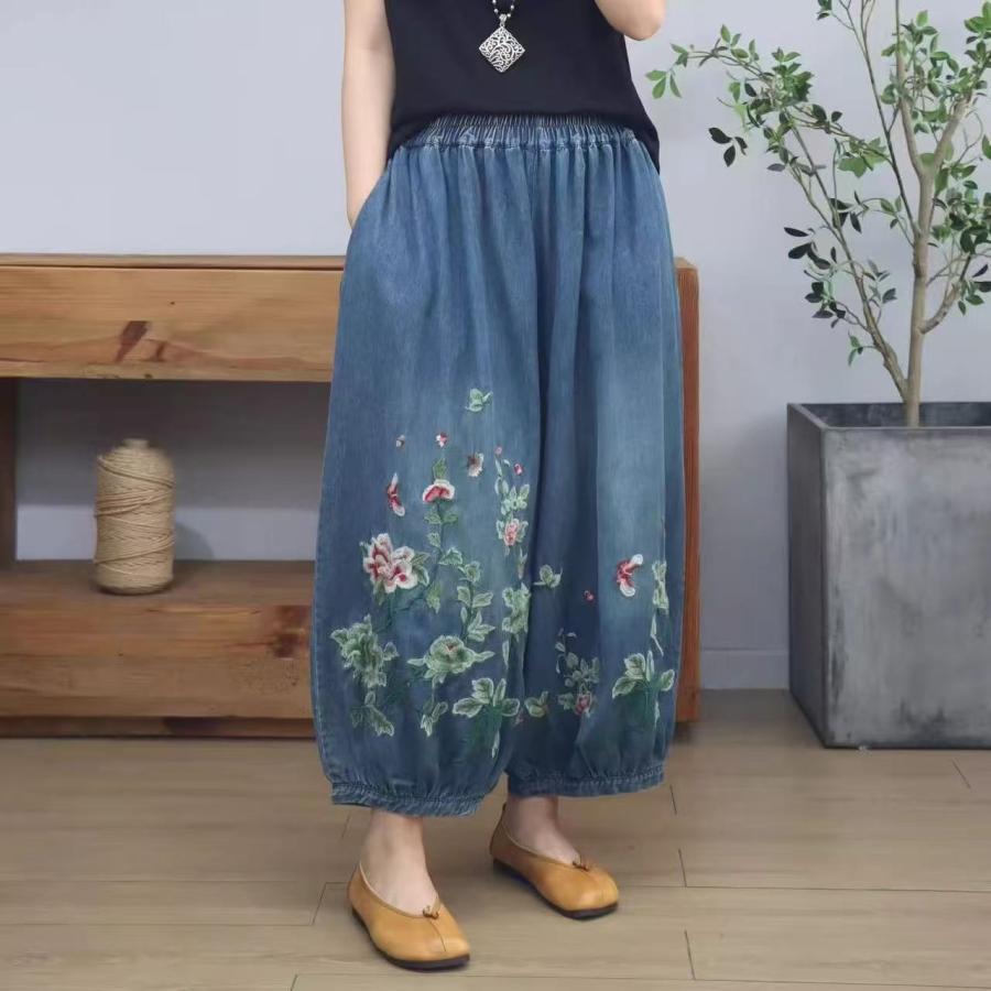 レディース デニムパンツ ロングパンツ 花 刺繍 蝶々 ブルー ウエストゴム ゆったり バルーンシルエット 可愛い バルーンデニム 夏 秋 SLTE031(M-3XL) |  | 08