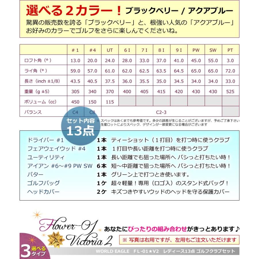 ランキング受賞！ ゴルフクラブセット ワールドイーグル レディース FL-01★V2 選べるカラー 13点（10本）ゴルフセット スタンドバッグ付 左用 初心者 新品 爆買 | WORLD EAGLE | 03