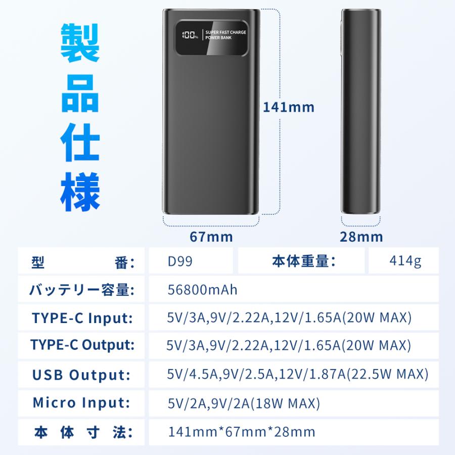 Hokonui 爆買 モバイルバッテリー 大容量 軽量 56800mAh 22.5W 急速