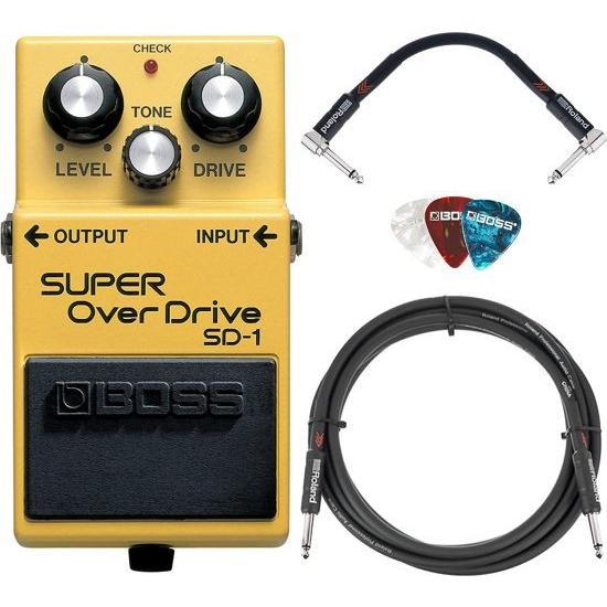 Boss SD-1 Super オーバードライブ バンドル with Roland 10ft Instrument ケーブル， Roland 6in Patch ケーブル， and Picks