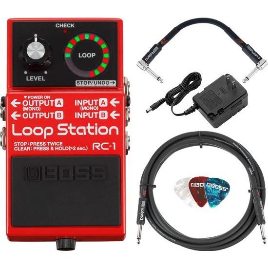 Boss RC-1 Loop Station バンドル with Power Adaptor， Roland 10ft Instrument ケーブル， Roland 6in Patch ケーブル， and Roland Picks