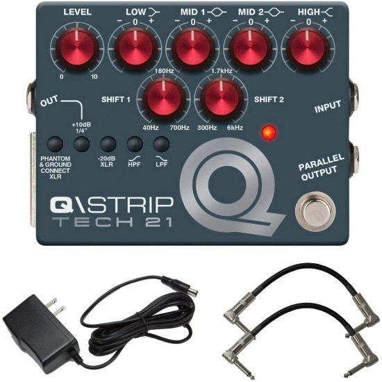 Tech 21 Q-Strip EQ and プリアンプ ペダル バンドル with 2 Patch ケーブル and 9V パワーサプライ