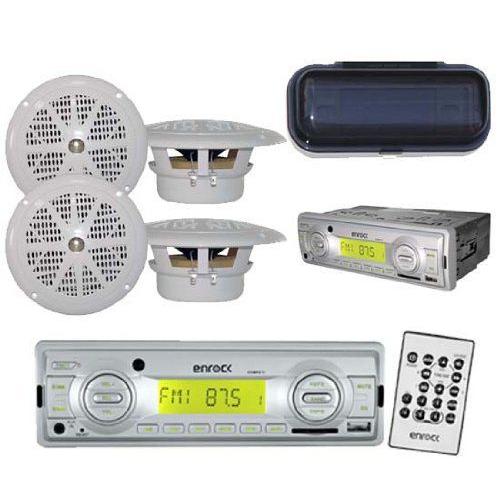 Indash Marine AM/FM MP3 Media Receiver w/ Remote 4 x 4” White Speakers withCover | 
