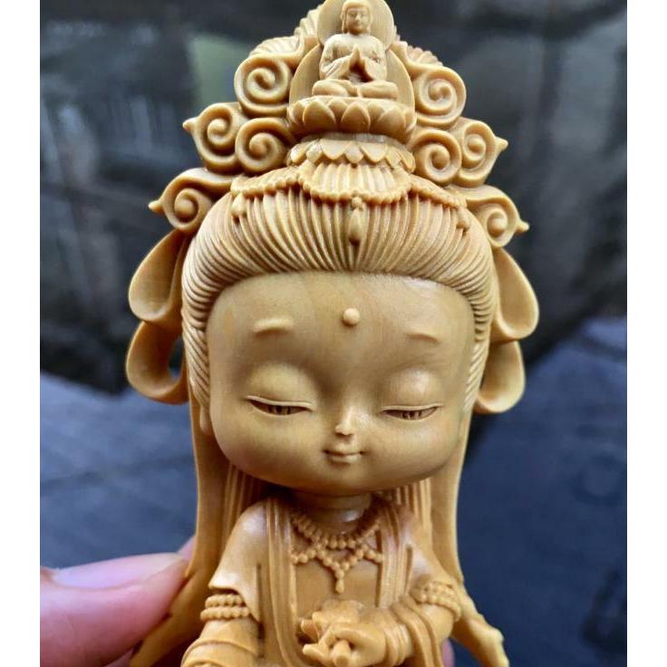 市場 木彫り仏像 木製仏像 観音菩薩坐像 高級天然ツゲ木彫り 仏教美術品 観音像
