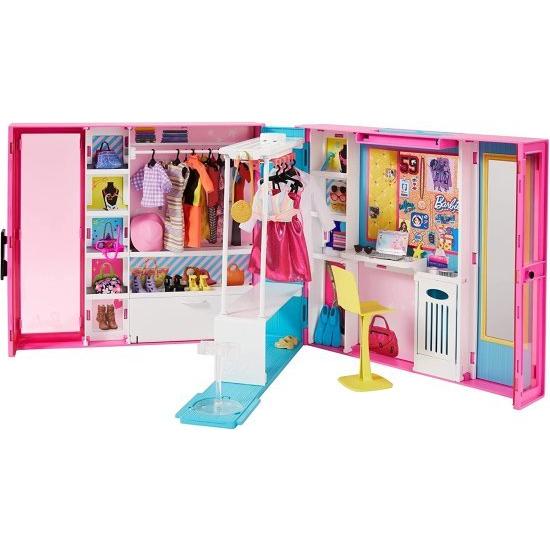 Barbie 30以上のピース、おもちゃのクローゼット、10以上のストレージエリア、フルレングスミラーを備えたバービードリームクローゼットには、5つの衣装、3-7