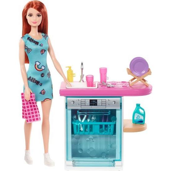 Barbie バービー屋内家具のプレイセット、作業ドアとプルアウトトレイを備えたキッチン食器洗い機に加えて、料理と洗濯アクセサリー