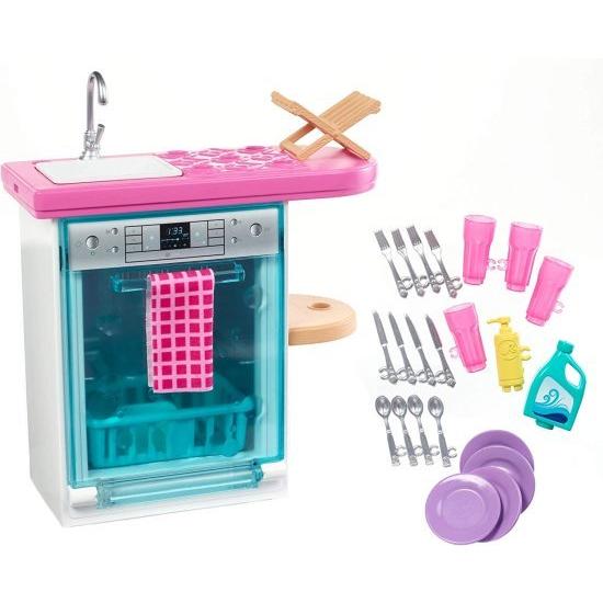Barbie バービー屋内家具のプレイセット、作業ドアとプルアウトトレイを備えたキッチン食器洗い機に加えて、料理と洗濯アクセサリー
