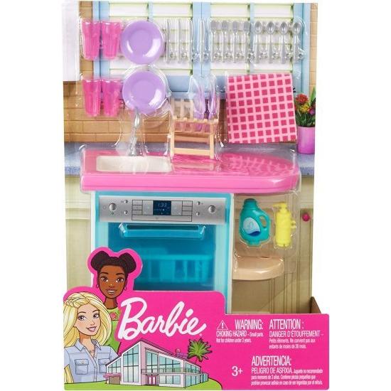 Barbie バービー屋内家具のプレイセット、作業ドアとプルアウトトレイを備えたキッチン食器洗い機に加えて、料理と洗濯アクセサリー