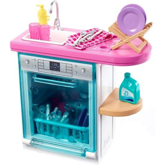 Barbie バービー屋内家具のプレイセット、作業ドアとプルアウトトレイを備えたキッチン食器洗い機に加えて、料理と洗濯アクセサリー