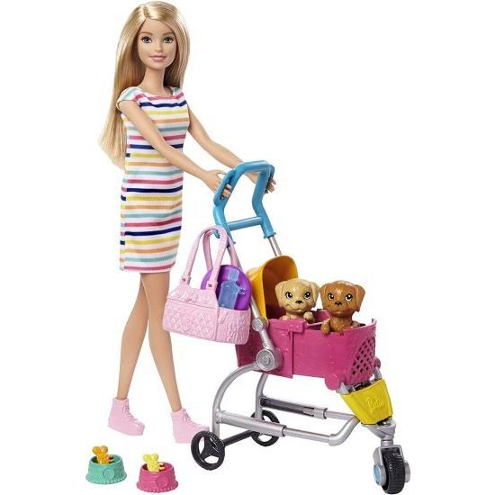 Barbie バービー散歩 'n遊びの子犬が金髪のバービー人形（11.5インチ）、2匹の子犬、ペットベビーカー、アクセサリー、3-7歳の贈り物でプレイセットをプレイし