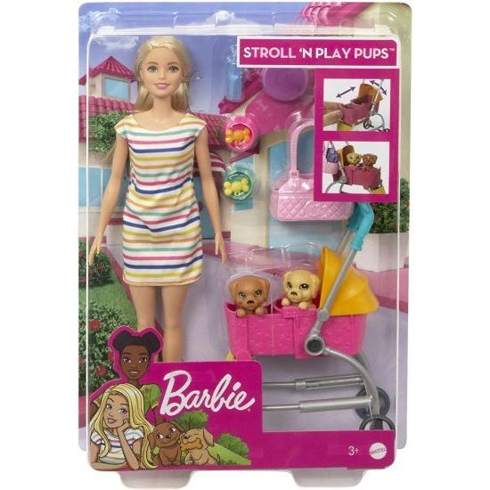 Barbie バービー散歩 'n遊びの子犬が金髪のバービー人形（11.5インチ）、2匹の子犬、ペットベビーカー、アクセサリー、3-7歳の贈り物でプレイセットをプレイし_5