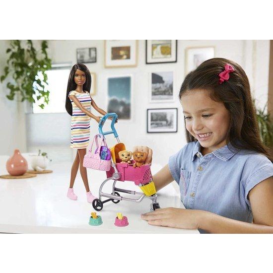 Barbie バービー散歩 'nブルネット人形（11.5インチ）、子犬2匹、ペットベビーカーとアクセサリー、3-7歳の贈り物、ピンクと一緒にプレイセットをプレイする_1
