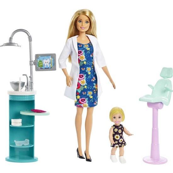 Barbie ブロンドの患者の小さな人形、シンク、椅子など、3-7歳の子供向けのキャリアをテーマにしたおもちゃでバービー歯科医の人形、金髪、そしてプレイセット