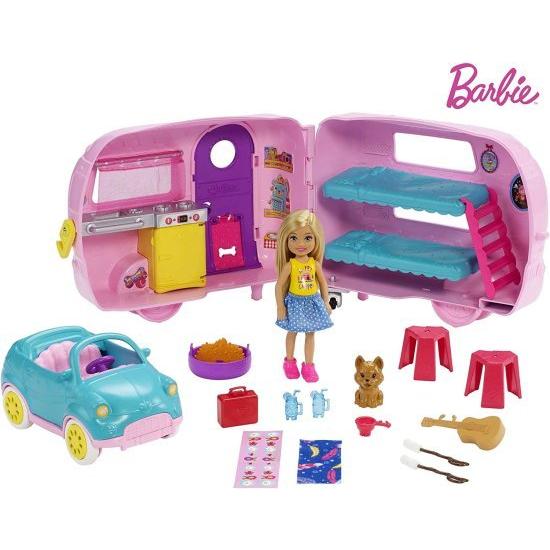 Barbie チェルシー人形、子犬、車、キャンピングカー、ファイヤーピット、ギター、10のアクセサリー、3-7歳のギフトを備えたバービークラブチェルシーキャンパ