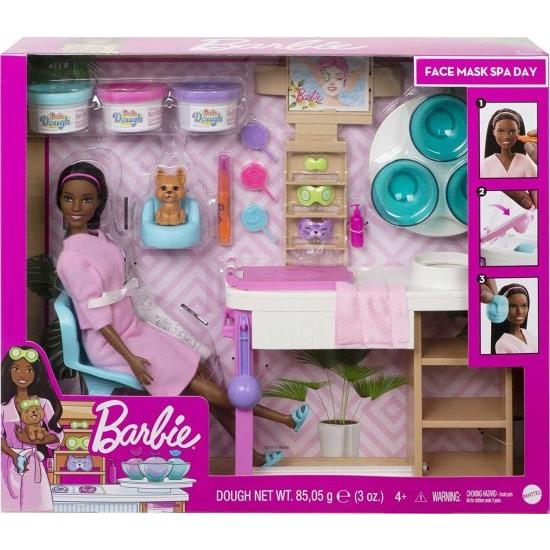 Barbie バービーフェイスマスクスパデイプレイセットブルネットバービー人形、子犬、バービー生地の3つの浴槽、10以上のアクセサリーを使用して、人形と子犬にの画像