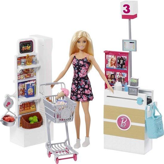 Barbie バービー人形、金髪、そしてローリングカートとワーキングベルト付きの食料品店