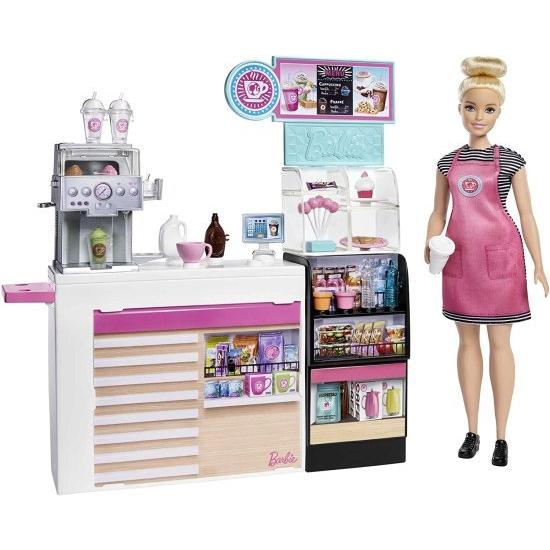 Barbie 人形と20以上のリアルなプレイピースを備えたバービーコーヒーショップ：コーヒーショップ、コーヒースムウィーメーカー、ミルク、シロップ、スナック