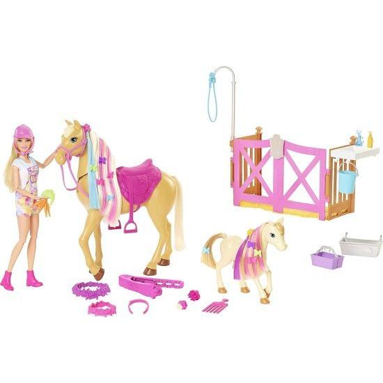 Barbie バービー Groom 'n Care Horses Playset Doll（Blonde 11.5-in）、2頭の馬と20+のグルーミングとヘアスタイリングアクセサリー、3-7歳の贈り物