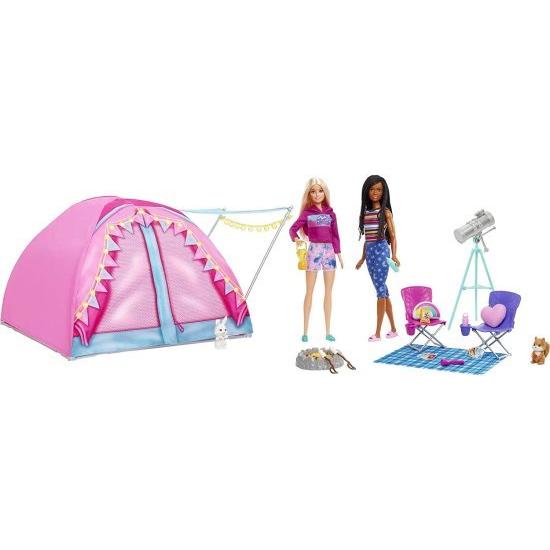 Barbie バービーそれは、テントを備えた2つのキャンププレイセット、動物、望遠鏡とアクセサリー、3歳のおもちゃなどを含む2つの人形と20個のピース??を備えて