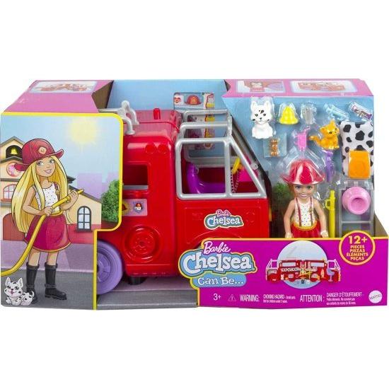 Barbie バービーチェルシー消防車プレイセット、チェルシードール（6インチ）、折りたたみ式の消防車、15歳以上のストーリーテリングアクセサリー、ステッカーの画像