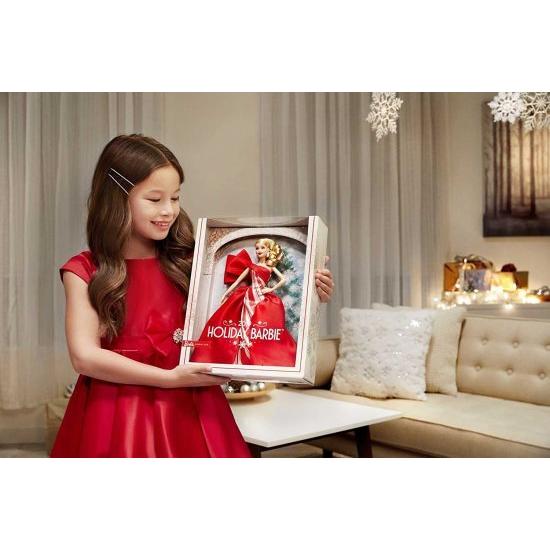 Barbie 2019ホリデーバービー人形、11.5インチ、ブロンド、赤と白のガウンを着て、人形スタンドと信頼性の証明書を備えた_1