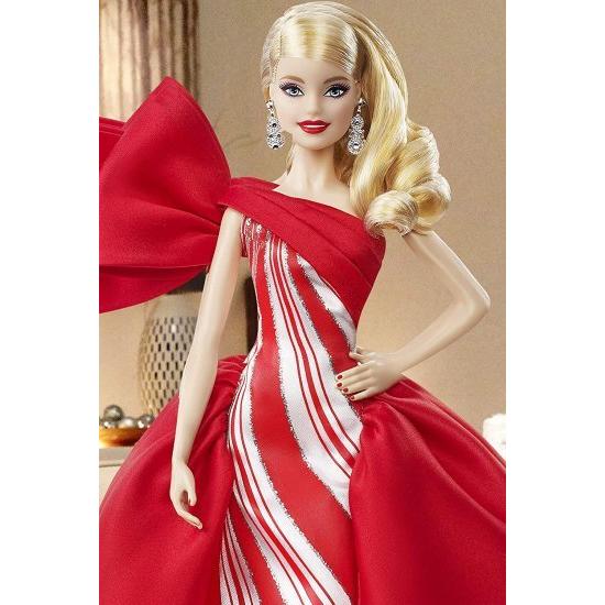Barbie 2019ホリデーバービー人形、11.5インチ、ブロンド、赤と白のガウンを着て、人形スタンドと信頼性の証明書を備えた_8