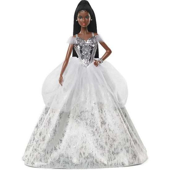 Barbie バービーシグネチャー2021ホリデーバービー人形（12インチ、ブルネットの編組髪）シルバーガウン、人形スタンドと信頼性の証明書、6歳以上の贈り物など