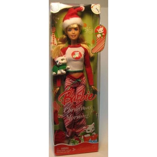 Barbie サンタの帽子、パジャマ、毛皮のスリッパ、ヘアブラシ、ペットの猫とバービークリスマスモーニングホリデードール2008