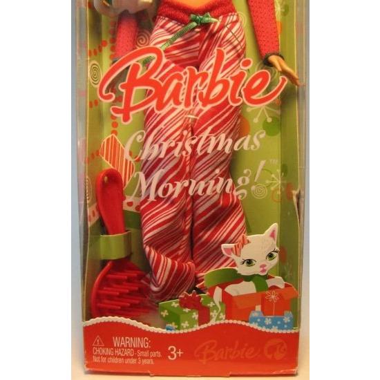Barbie サンタの帽子、パジャマ、毛皮のスリッパ、ヘアブラシ、ペットの猫とバービークリスマスモーニングホリデードール2008の画像