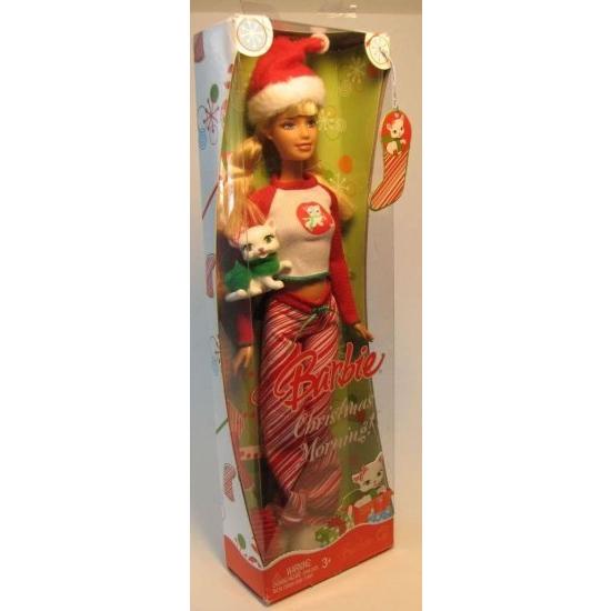 Barbie サンタの帽子、パジャマ、毛皮のスリッパ、ヘアブラシ、ペットの猫とバービークリスマスモーニングホリデードール2008の画像
