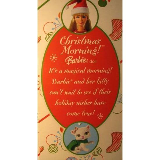 Barbie サンタの帽子、パジャマ、毛皮のスリッパ、ヘアブラシ、ペットの猫とバービークリスマスモーニングホリデードール2008の画像