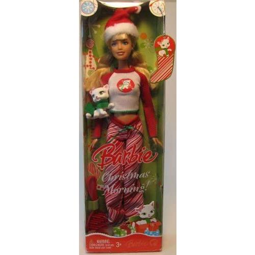 Barbie サンタの帽子、パジャマ、毛皮のスリッパ、ヘアブラシ、ペットの猫とバービークリスマスモーニングホリデードール2008の画像